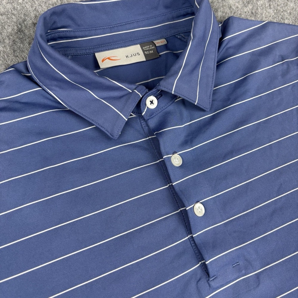 Kjus Polo Shirt Mens Medium Blue Striped Short Sleeve UPF 50 Golf Stretch Sport
